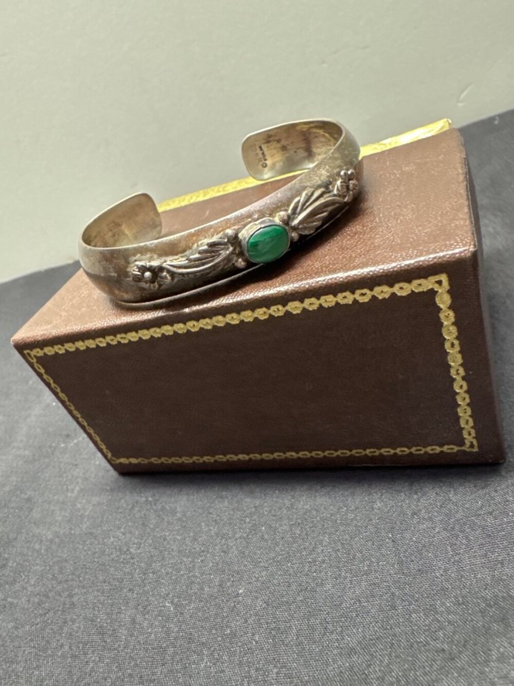 Vintage Sterling Silver Cuff Bracelet With Green Gemstone & Floral Details Stamp
